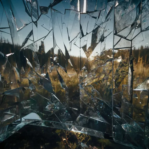 glassworld, cinematic still, hdr, raw photo of a broken mirror reflecting a dark forest, haze lighting, 4k, uhd, masterpiece