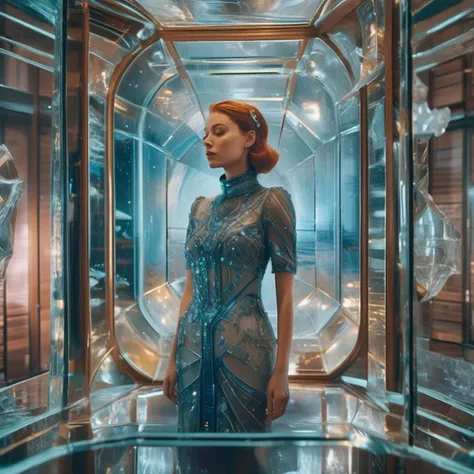 glassworld, raw photo cinematic still, rule of thirds, 8k, hdr, a vintage SciFi transparent space ship, 60'S gorgeous astronaut woman in a glossy glass astronaut space laces dress, wearing a large transparent plexiglass mickey mouse helmet glasses, 80 degree view, art by Sergio Lopez , Natalie Shau, james jean and salvador dali