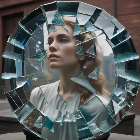 glassworld, "goddess of broken glass", mirrors, reflective, shatter, crash, broken, head and shoulders portrait,