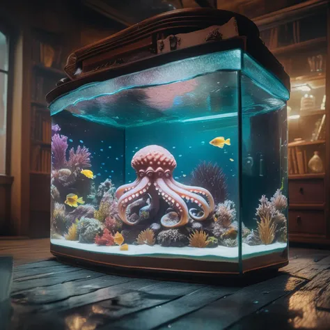 glassworld, raw photo cinematic still, rule of thirds, 8k, hdr, a fish tank with a giant octopus in it