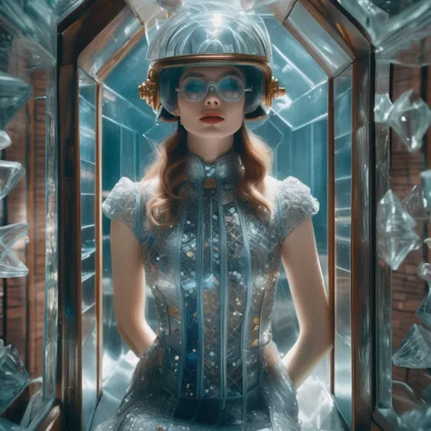 glassworld, raw photo cinematic still, rule of thirds, 8k, hdr, a vintage SciFi transparent space ship, 60'S gorgeous astronaut woman in a glossy glass astronaut space laces dress, wearing a large transparent plexiglass mickey mouse helmet glasses, 80 degree view, art by Sergio Lopez , Natalie Shau, james jean and salvador dali