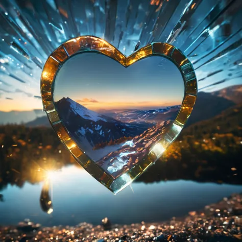 glassworld, cinematic still, hdr, raw photo of a glass in the shape of a heart on top of a mountain, 4k, uhd, masterpiece