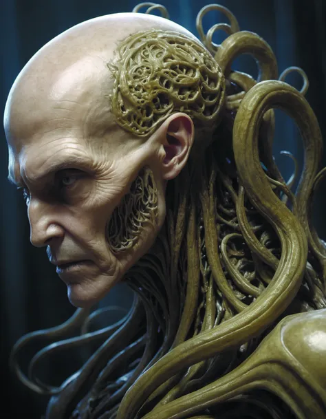 centered horrifying detailed side view profile portrait of a insane,crazed,mad old bald zombie,cthulhu,eldritch abomination,dunwitch horror,ornate tentacles growing around,ornamentation,thorns,vines,tentacles,elegant,beautifully soft lit,full frame,8k barlowe,peter mohrbacher,kelly mckernan,h r giger ilya,mark ro HRGigerAI <lora:HRGigerAIp:0.8>,<lora:add-detail-xl:1.6>,by diegocr,<lora:lora-bloodyface-lite:0.7>