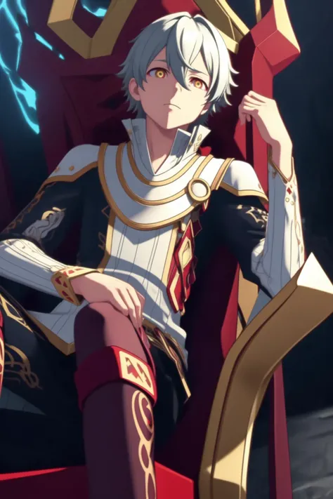 masterpiece, best quality, highres, male focus, game cg, semi-realistic, 8K, ultra-detailed, CaesarFace, 1boy, ringed eyes, red eyes, yellow eyes, black pupils, resting on a throne, <lora:monsucaesar:0.7>