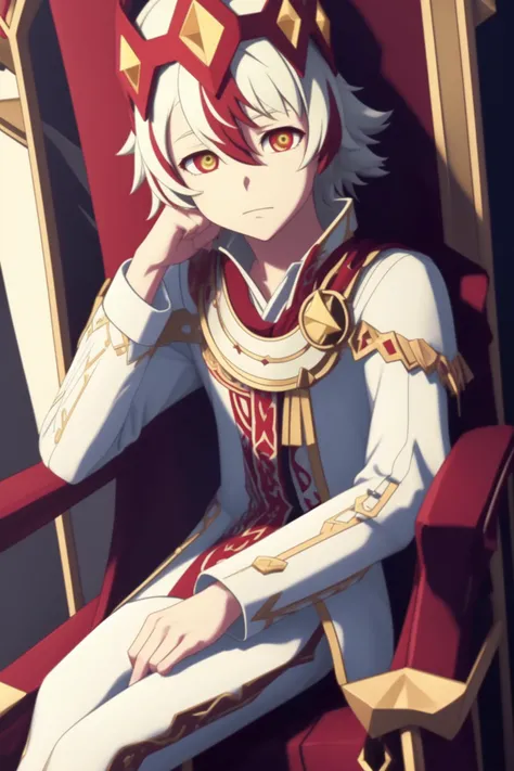 masterpiece, best quality, highres, male focus, game cg, semi-realistic, 8K, ultra-detailed, CaesarFace, 1boy, ringed eyes, red eyes, yellow eyes, black pupils, two-toned hair, white hair, red hair, resting on a throne, looking at the viewer, ikemen filter, <lora:monsucaesar:0.7>