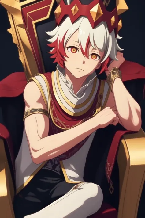 masterpiece, best quality, highres, male focus, game cg, semi-realistic, 8K, ultra-detailed, CaesarFace, 1boy, ringed eyes, red eyes, yellow eyes, black pupils, two-toned hair, white hair, red hair, resting on a throne, looking at the viewer, sleeveless white and red shirt, big biceps, shiny skin, <lora:monsucaesar:0.7>