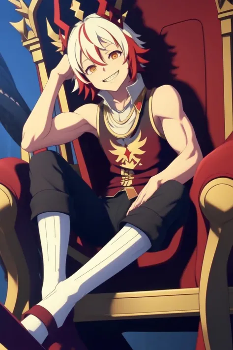 masterpiece, best quality, highres, male focus, game cg, semi-realistic, 8K, ultra-detailed, CaesarFace, 1boy, ringed eyes, red eyes, yellow eyes, black pupils, two-toned hair, white hair, red hair, resting on a throne, looking at the viewer, large grin, shark teeth, sleeveless white and red shirt, big biceps, shiny skin, black shorts, fair legs, <lora:monsucaesar:0.7>, <lora:BetterCocks:0.3>, <lora:frenulum_w2-000094:0.3>
