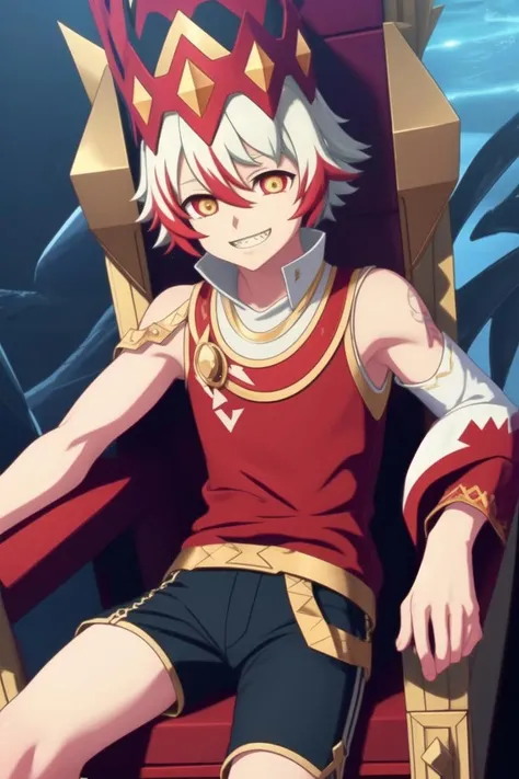 masterpiece, best quality, highres, male focus, game cg, semi-realistic, 8K, ultra-detailed, CaesarFace, 1boy, ringed eyes, red eyes, yellow eyes, black pupils, two-toned hair, white hair, red hair, resting on a throne, looking at the viewer, large grin, shark teeth, sleeveless white and red shirt, big biceps, shiny skin, black shorts, far legs, <lora:monsucaesar:0.7>
