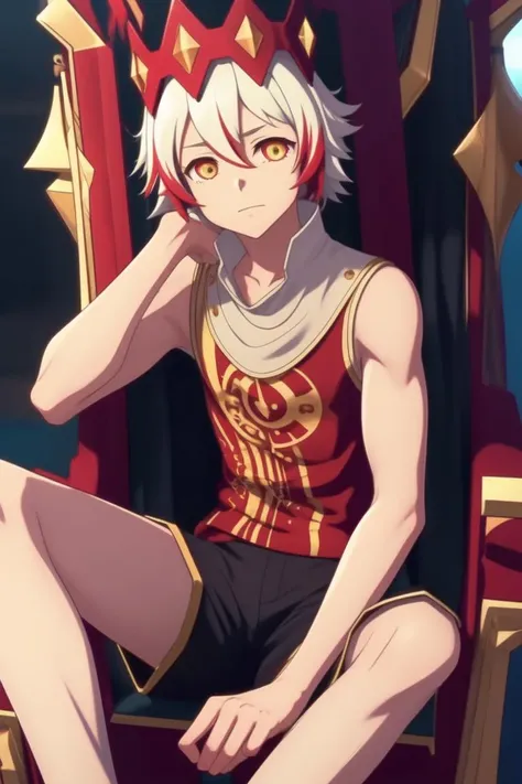 masterpiece, best quality, highres, male focus, game cg, semi-realistic, 8K, ultra-detailed, CaesarFace, 1boy, ringed eyes, red eyes, yellow eyes, black pupils, two-toned hair, white hair, red hair, resting on a throne, looking at the viewer, sleeveless white and red shirt, big biceps, shiny skin, black shorts, far legs, <lora:monsucaesar:0.7>