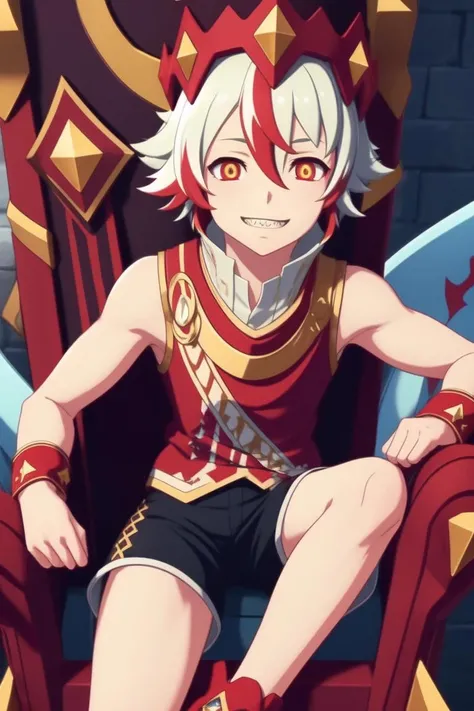 masterpiece, best quality, highres, male focus, game cg, semi-realistic, 8K, ultra-detailed, CaesarFace, 1boy, ringed eyes, red eyes, yellow eyes, black pupils, two-toned hair, white hair, red hair, resting on a throne, looking at the viewer, large grin, shark teeth, sleeveless white and red shirt, big biceps, shiny skin, black shorts, far legs, <lora:monsucaesar:0.7>
