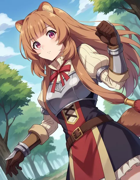 score_9, score_8_up, score_7_up, source_anime,
raphtalia, <lora:raphtalia-ponyxl-lora-nochekaiser:1>,
raphtalia, long hair, bangs, brown hair, animal ears, raccoon ears, raccoon tail, raccoon girl, pink eyes,
long sleeves, sweater, ribbed sweater, puffy sleeves, breastplate, ribbon, red ribbon, gauntlets, glove, brown gloves, belt, skirt, armor,
outdoors, forest, nature,
looking at viewer, cowboy shot, dutch angle, dynamic pose,