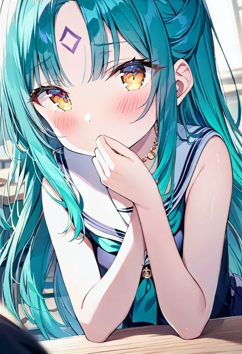 <lora:detail_fingers:1.6>,
(1girls, anime style, top down, classroom, blurred background), (school sailor uniform, teal hair, ombre hair, hand cover mouth, blush, shy), (purple forehead mark:1.15), (yellow eyes, bangs, jewelry necklace, green arm tattoo:1.1),
(detai_fingers:1.3), (detailed beautiful girls, detailed beautiful eyes, detailed beautiful hair:1.3),
(stunning quality, excellent quality, masterpiece, clear work, detailed work, meticulous work:1.45),