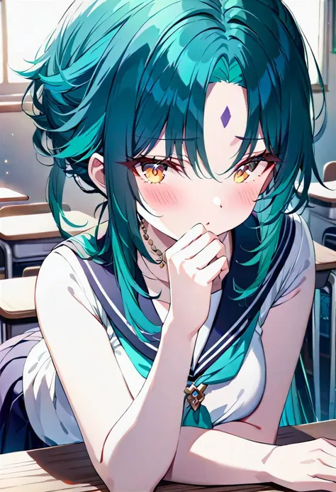 <lora:detail_fingers:1.6>,
(1girls, anime style, Xiao mtf, genderswap mtf, top down, classroom, blurred background), (school sailor uniform, teal hair, ombre hair, hand cover mouth, blush, shy), (purple forehead mark:1.2), (yellow eyes, bangs, jewelry necklace, green arm tattoo:1.1),
(detai_fingers:1.3), (detailed beautiful girls, detailed beautiful eyes, detailed beautiful hair:1.3),
(stunning quality, excellent quality, masterpiece, clear work, detailed work, meticulous work:1.45),