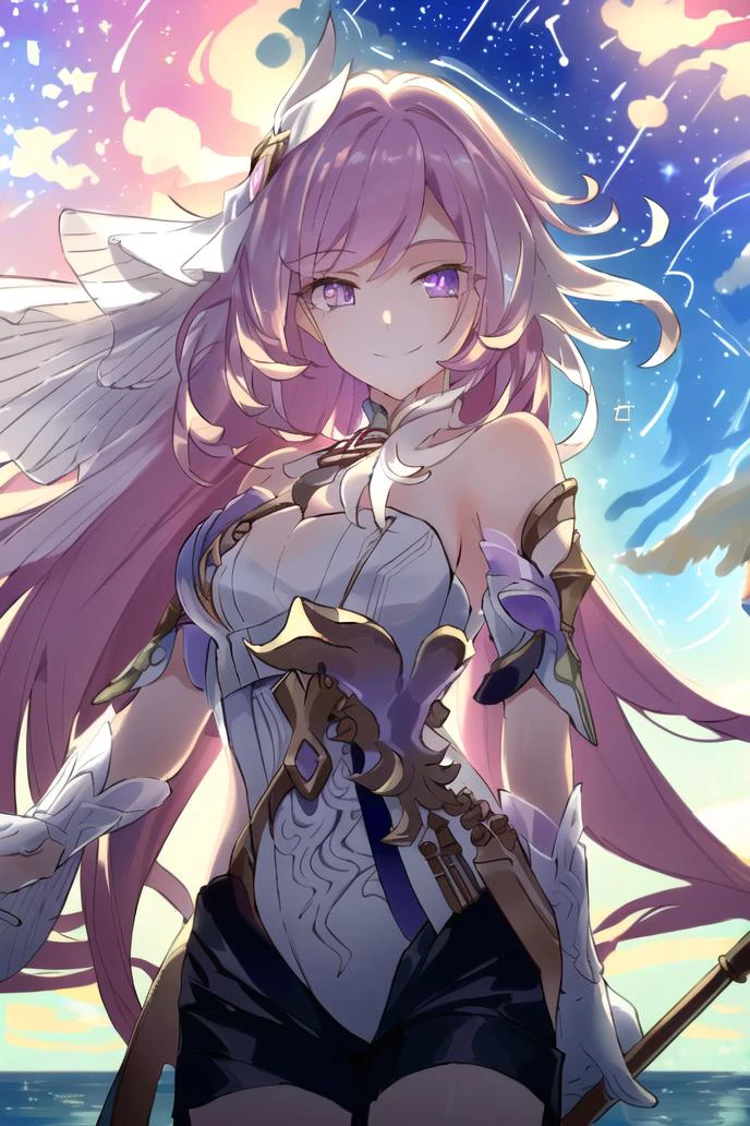 <lora:elysia:1>,((masterpiece,best quality, detailed)), ultra-detailed, detailed hair, deep shadows, hard rim lighting,((dramatic lighting)),sharp focus, cowboy shot, (1girl:1.2), solo,(long hair:1.3), (floating hair:1.2), (seductive smile:1.1),medium breasts, standing, (looking at viewer:1.2), (sea:1.3),(starry sky:1.3) ,