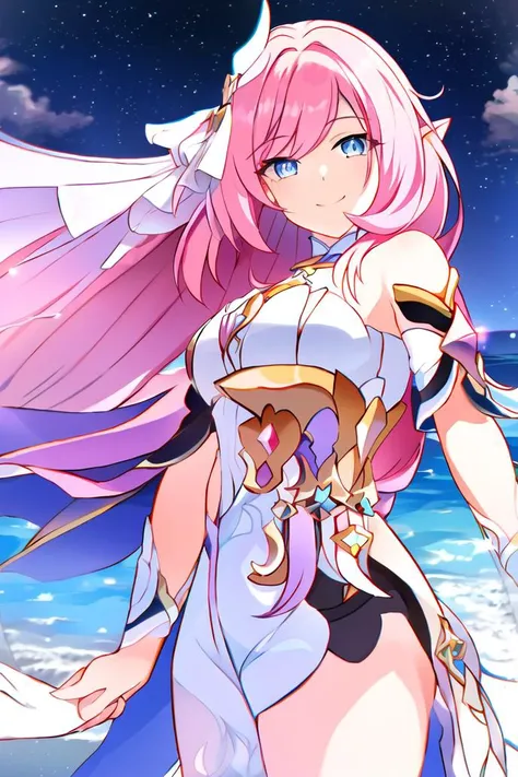<lora:elysiaa-000014:1>,((masterpiece,best quality, detailed)), ultra-detailed, detailed hair, deep shadows, hard rim lighting,((dramatic lighting)),sharp focus, cowboy shot, (1girl:1.2), solo,(long hair:1.3), (floating hair:1.2), elysia \(miss pink elf\) \(honkai impact\), ( pink hair:1.2),( pointy ears:1.2), (blue eyes:1.2),(seductive smile:1.1),medium breasts, standing, (looking at viewer:1.2), (sea:1.3),(starry sky:1.3) ,