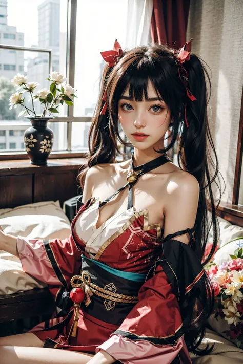 <lora:sparkle_honkai:0.7>,sparkle_honkai,1girl,((sitting on the bed)),short kimono,bare shoulders,twintails,black hair,long hair,hair ornament,bare legs,upper body,(cowboy shot,realistic,photorealistic),(masterpiece,best quality,high quality),(colorful),(delicate eyes and face),volumatic light,ray tracing,extremely detailed CG unity 8k wallpaper,indoors,bedroom,potted flowers,window,curtain,