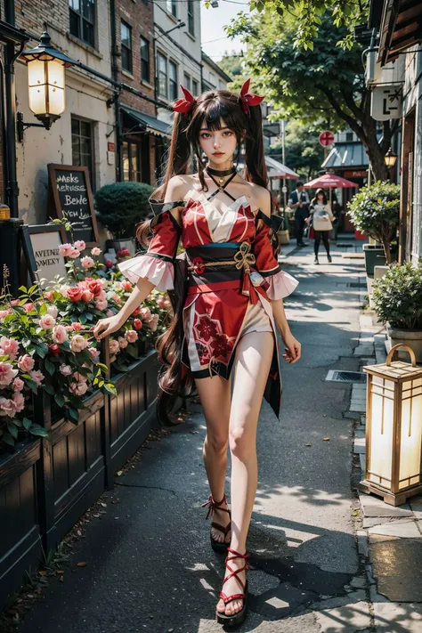 <lora:sparkle_honkai:0.75>,sparkle_honkai,1girl,((standing)),short kimono,bare shoulders,twintails,black hair,long hair,hair ornament,bare legs,red sandals,full body,(cowboy shot,realistic,photorealistic),(masterpiece,best quality,high quality),(colorful),(delicate eyes and face),volumatic light,ray tracing,extremely detailed CG unity 8k wallpaper,outdoors,Cobblestone Streets,Quaint Architecture,Charming Cafs,Flower-Filled Window Boxes,Cozy Boutiques,Lush Greenery,Vibrant Market Stalls,Riverside Scenes,Vintage Lampposts,Old-world Elegance,