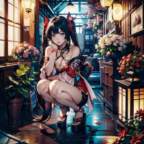 <lora:sparkle_honkai:0.8>,sparkle_honkai,1girl,(squatting, spread legs),short kimono,bare shoulders,twintails,black hair,long hair,hair ornament,bare legs,red sandals,full body,(cowboy shot,realistic,photorealistic),(masterpiece,best quality,high quality),(colorful),(delicate eyes and face),volumatic light,ray tracing,extremely detailed CG unity 8k wallpaper,outdoors,Cobblestone Streets,Quaint Architecture,Charming Cafs,Flower-Filled Window Boxes,Cozy Boutiques,Lush Greenery,Vibrant Market Stalls,Riverside Scenes,Vintage Lampposts,Old-world Elegance,