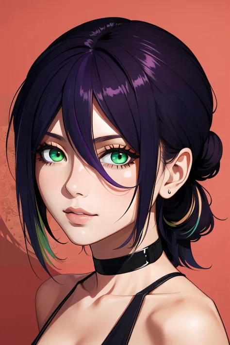 (masterpiece, best quality), intricate details,
 1girl,       <lora:Reze:0.8> Reze,green eyes, choker, hair between eyes, multicolor hair, purple hair, black hair, hair bun, short hair,