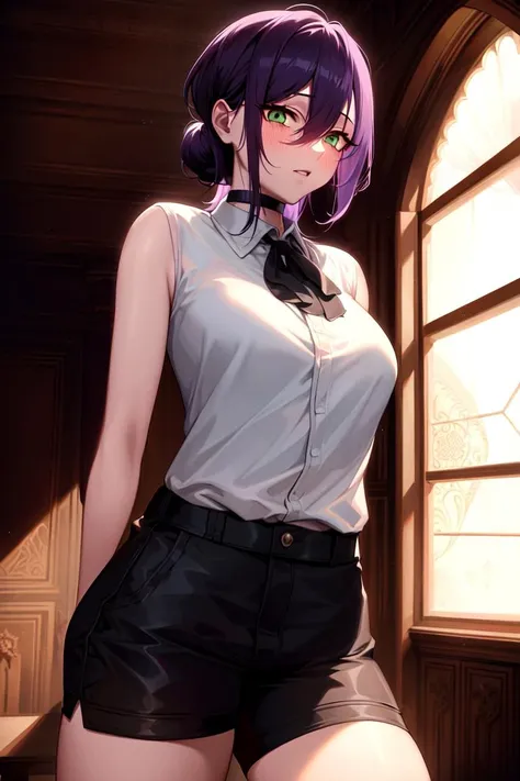 masterpiece, ((ultra detailed background, delicate pattern, intricate detail)), (highly detailed, fine details), best quality, beautiful lighting, ((medium breasts, slim girl)), Reze, 1girl, solo, green eyes, choker, hair between eyes, multicolor hair, purple hair, black hair, hair bun, short hair, ((white shirt, collared shirt, sleeveless, ribbon, black shorts)), blush, complex detailed background, inside, castle room environment, medieval castle, gray walls, window, bookshelf, (cowboy shot), <lora:Reze:0.75>