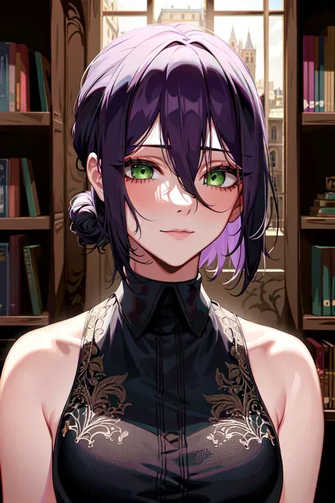 masterpiece, ((ultra detailed background, delicate pattern, intricate detail)), (highly detailed, fine details), best quality, beautiful lighting, ((medium breasts, slim girl)), Reze, 1girl, solo, green eyes, choker, hair between eyes, multicolor hair, purple hair, black hair, hair bun, short hair, white shirt, collared shirt, blush, sleeveless, ribbon, black shorts, complex detailed background, inside, castle room environment, medieval castle, gray walls, window, bookshelf, (close-up, portrait), <lora:Reze:0.7>