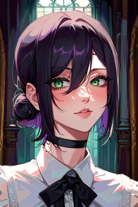 masterpiece, ((ultra detailed background, delicate pattern, intricate detail)), (highly detailed, fine details), best quality, beautiful lighting, ((medium breasts, slim girl)), Reze, 1girl, solo, green eyes, choker, hair between eyes, multicolor hair, purple hair, black hair, hair bun, short hair, white shirt, collared shirt, blush, sleeveless, ribbon, black shorts, complex detailed background, inside, castle room environment, medieval castle, gray walls, window, bookshelf, (close-up, portrait), <lora:Reze:0.7>