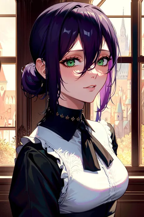 masterpiece, ((ultra detailed background, delicate pattern, intricate detail)), (highly detailed, fine details), best quality, beautiful lighting, ((medium breasts, slim girl)), Reze, 1girl, solo, green eyes, choker, hair between eyes, multicolor hair, purple hair, black hair, hair bun, short hair, white shirt, collared shirt, blush, sleeveless, ribbon, black shorts, complex detailed background, inside, castle room environment, medieval castle, gray walls, window, bookshelf, (close-up, portrait), <lora:Reze:0.7>