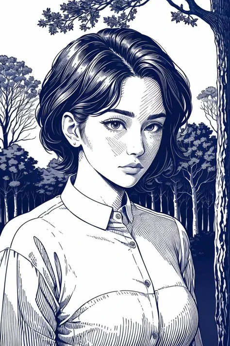 masterpiece,((upper body)),ballpoint pen drawing,a drawing of 1girl,looking away,upper body,closed mounth,short hair,outdoor,trees,<lora:ballpointpen:0.8>