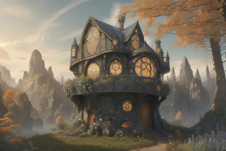 (Photo:1.3) of (Sketch:1.3) (one hobbithouse with circle doors and windows and a pathway leading to it), (in the middle of the forest), (centered, symmetrical), (at noon, bright light, natural lighting), (autumn, flowers), (Low-angle perspective), (Wide-angle lens capturing scenery), (hidden objects games, video game concept art), (8K Unity wallpaper), (fine details, award-winning image, highly detailed, 16k), cinematic environment, (futuristic architecture, gothic architecture, expensive luxury building), (magical scene, no humans, outdoors), (The Hobbit, The Lord of the Rings),Highly Detailed