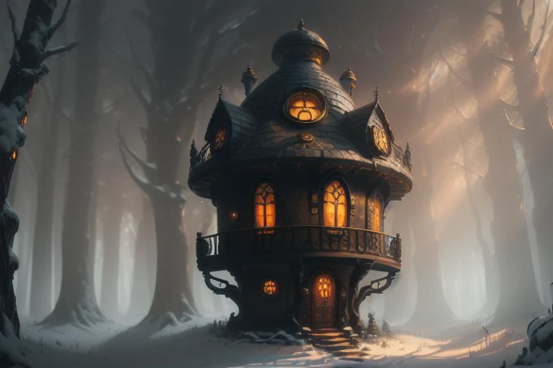 (Horrifying Painting:1.3) of (one small hobbithouse in the middle of a forest with a round door and round windows on its side and a pathway leading to it, at noon, centered, symmetrical), (Low-angle perspective), (natural lighting), (Wide-angle lens capturing scenery), (hidden objects games, video game concept art), (8K Unity wallpaper), (fine details, award-winning image, highly detailed, 16k), cinematic perspective, ((video game environment concept)), pretty colors, cinematic environment, architecture, gothic, home design, magical, dark aesthetic, goth, goth aesthetic, luxury, no humans, outdoors