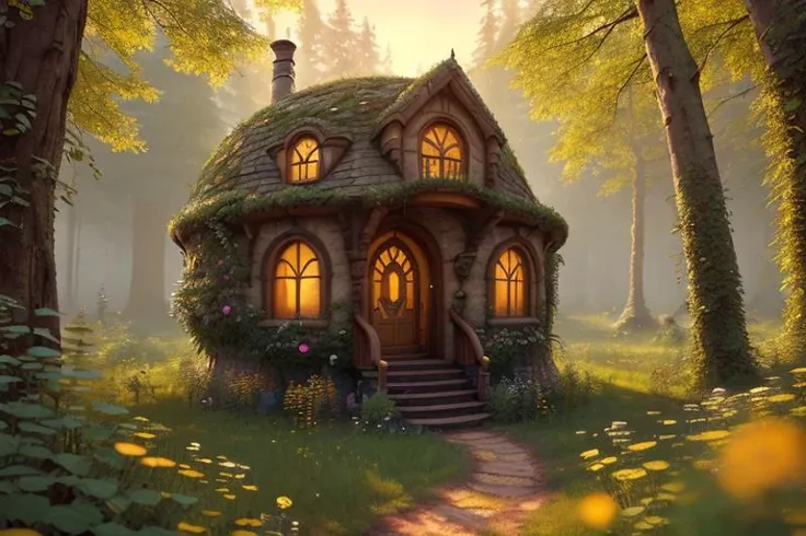 (Mundane Photo:1.3) of (Award-winning photograph), (one small hobbithouse in the middle of a forest with a round door and round windows on its side and a pathway leading to it, at sunset), (Low-angle perspective), (natural lighting), (Wide-angle lens capturing scenery), hidden objects games, video game concept art, (8K Unity wallpaper), fine details, award-winning image, highly detailed, 16k, cinematic perspective, ((video game environment concept art style)), pretty colors, cinematic environment, architecture, gothic, home design, forest cabin, magical, dark aesthetic, cottage, fairytale, goth, goth aesthetic, fairy tail, luxury, no humans, scenery, tree, outdoors, stairs,Highly Detailed