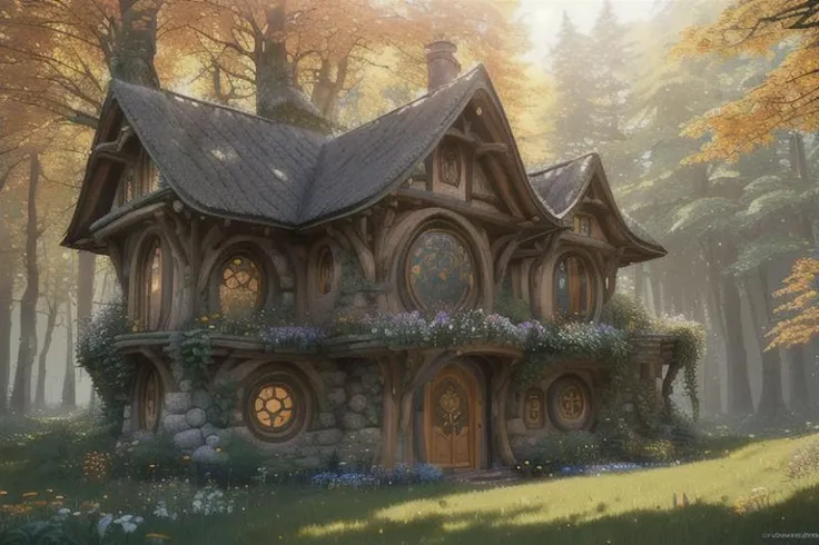 (Professional 3D rendering:1.3) of (Ultra detailed:1.3) (one mushroom looking hobbithouse with circle doors and windows and a pathway leading to it), (in the middle of the forest), (centered, symmetrical), (at noon, bright light, natural lighting), (autumn, flowers), (Low-angle perspective), (Wide-angle lens capturing scenery), (hidden objects games, video game concept art), (8K Unity wallpaper), (fine details, award-winning image, highly detailed, 16k), cinematic environment, (futuristic architecture, gothic architecture, expensive luxury building), (magical scene, no humans, outdoors), (The Hobbit, The Lord of the Rings),CGSociety,ArtStation