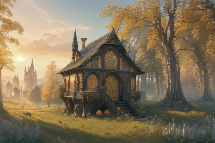 (Drawing:1.3) of (Ultra detailed:1.3) (one hobbithouse with circle doors and windows and a pathway leading to it), (in the middle of the forest), (centered, symmetrical), (at noon, bright light, natural lighting), (autumn, flowers), (Low-angle perspective), (Wide-angle lens capturing scenery), (hidden objects games, video game concept art), (8K Unity wallpaper), (fine details, award-winning image, highly detailed, 16k), cinematic environment, (futuristic architecture, gothic architecture, expensive luxury building), (magical scene, no humans, outdoors), (The Hobbit, The Lord of the Rings)