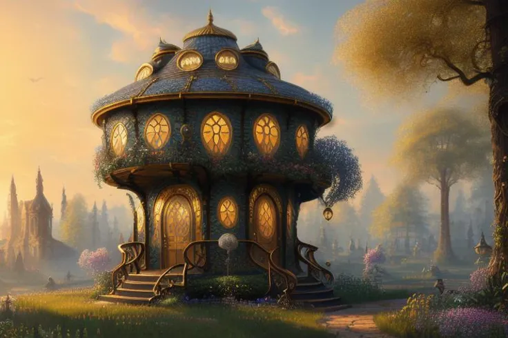 (Painting:1.3) of (one small hobbithouse with a round door and round windows on its side and a pathway leading to it) (in the middle of the city), (centered, symmetrical, shape of amanita), (at noon, bright light), (spring, dawn), (Low-angle perspective), (natural lighting), (Wide-angle lens capturing scenery), (hidden objects games, video game concept art), (8K Unity wallpaper), (fine details, award-winning image, highly detailed, 16k), ((video game environment concept)), pretty colors, cinematic environment, architecture, gothic, home design, magical, dark aesthetic, goth, goth aesthetic, luxury, no humans, outdoors