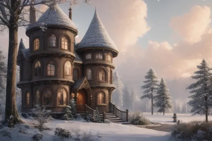 (Digital Artwork:1.3) of (one small hobbithouse with a round door and round windows on its side and a pathway leading to it) (in the middle of a tropical forest), (centered, symmetrical), (at noon, bright light), (winter, snow), (Low-angle perspective), (natural lighting), (Wide-angle lens capturing scenery), (hidden objects games, video game concept art), (8K Unity wallpaper), (fine details, award-winning image, highly detailed, 16k), cinematic perspective, ((video game environment concept)), pretty colors, cinematic environment, architecture, gothic, home design, magical, dark aesthetic, goth, goth aesthetic, luxury, no humans, outdoors,CGSociety,ArtStation