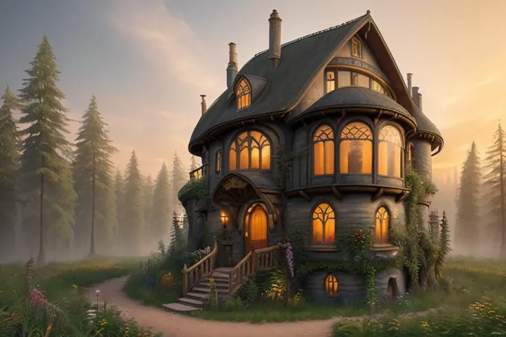 (Professional 3D rendering:1.3) of (Graphic novel:1.3) (lonely hobbithouse in the middle of a forest with a round door and round windows on its side and a pathway leading to it, at sunset), (Low-angle perspective), (natural lighting), (Wide-angle lens capturing scenery), hidden objects games, video game concept art, (8K Unity wallpaper), fine details, award-winning image, highly detailed, 16k, cinematic perspective, ((video game environment concept art style)), pretty colors, cinematic environment, architecture, gothic, home design, forest cabin, magical, dark aesthetic, cottage, fairytale, goth, goth aesthetic, fairy tail, luxury, no humans, scenery, tree, outdoors, stairs, Highly Detailed,CGSociety,ArtStation
