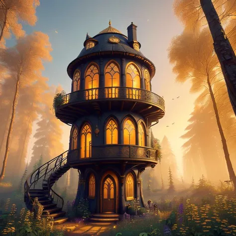 (Drawing:1.3) of (one small hobbithouse in the middle of a forest with a round door and round windows on its side and a pathway leading to it, at sunset), (Low-angle perspective), (natural lighting), (Wide-angle lens capturing scenery), hidden objects games, video game concept art, (8K Unity wallpaper), fine details, award-winning image, highly detailed, 16k, cinematic perspective, ((video game environment concept art style)), pretty colors, cinematic environment, architecture, gothic, home design, forest cabin, magical, dark aesthetic, cottage, fairytale, goth, goth aesthetic, fairy tail, luxury, no humans, scenery, tree, outdoors, stairs, Highly Detailed