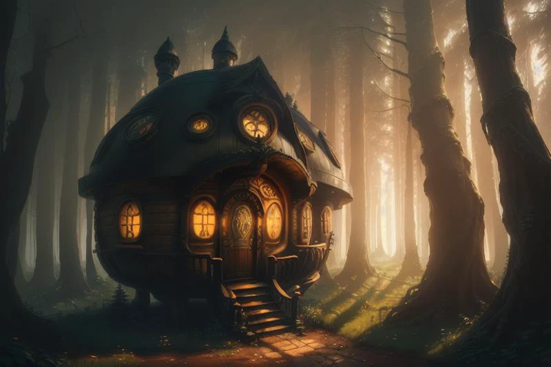 (Trustworthy Digital Artwork:1.3) of (one small hobbithouse in the middle of a forest with a round door and round windows on its side and a pathway leading to it, at sunset), (Low-angle perspective), (natural lighting), (Wide-angle lens capturing scenery), hidden objects games, video game concept art, (8K Unity wallpaper), fine details, award-winning image, highly detailed, 16k, cinematic perspective, ((video game environment concept art style)), pretty colors, cinematic environment, architecture, gothic, home design, forest cabin, magical, dark aesthetic, cottage, fairytale, goth, goth aesthetic, fairy tail, luxury, no humans, scenery, tree, outdoors, stairs,CGSociety,ArtStation