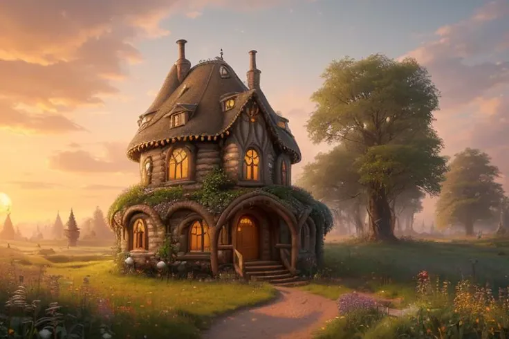 (Professional 3D rendering:1.3) of (Detailed illustration:1.3) (Mundane Photo:1.3) of (Award-winning photograph), (lonely small hobbithouse in the middle of a forest with a round door and round windows on its side and a pathway leading to it, at sunset), (Low-angle perspective), (natural lighting), (Wide-angle lens capturing scenery), hidden objects games, video game concept art, (8K Unity wallpaper), fine details, award-winning image, highly detailed, 16k, cinematic perspective, ((video game environment concept art style)), pretty colors, cinematic environment, architecture, gothic, home design, forest cabin, magical, dark aesthetic, cottage, fairytale, goth, goth aesthetic, fairy tail, luxury, no humans, scenery, tree, outdoors, stairs,Highly Detailed,CGSociety,ArtStation