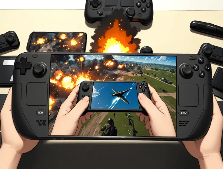 masterpiece, best quality,
<lora:steamdeck.sdxl.v2:0.55> steamdeck, (fontalsteam ), 
holding game console, pov, hand,
[classroom: battlefield, top view, birdsview, explosion, fire, :0.1],