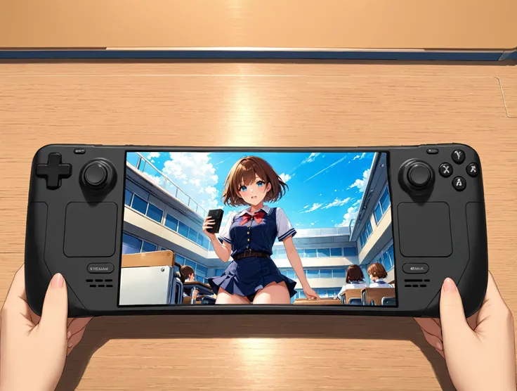 masterpiece, best quality,
<lora:steamdeck.sdxl.v2:0.45> steamdeck, (fontalsteam ), 
holding game console, pov, hand,
1girl, brown hair, blue eyes, short hair, classroom