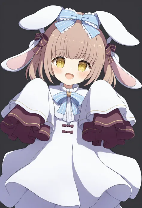 masterpiece, best quality,1girl, solo, dress, sleeves past fingers, sleeves past wrists, yellow eyes, looking at viewer, smile, fang, white dress, twintails, open mouth, striped bow, ribbon, blush, virtual youtuber, bow, hair bow, animal ears, frills, simple background, long sleeves, :d, white background, blue bow, transparent background, rabbit ears, skin fang  <lora:ã¡ãã¿ã¾ãXLlokr4f-000186:0.95>