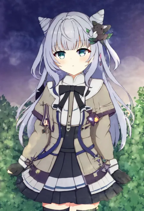 Imagine a beautiful anime-style virtual Youtuber with long, flowing silver hair styled in a meticulous cone hair bun. She's dressed in a cute pleated skirt and stands amidst the lush greenery of a park bathed in the soft glow of moonlight. The park comes alive at night, with fireflies dancing around her and the gentle rustling of leaves in the cool night air. With a curious or amused expression, she locks eyes directly with the viewer, captivated by their presence.