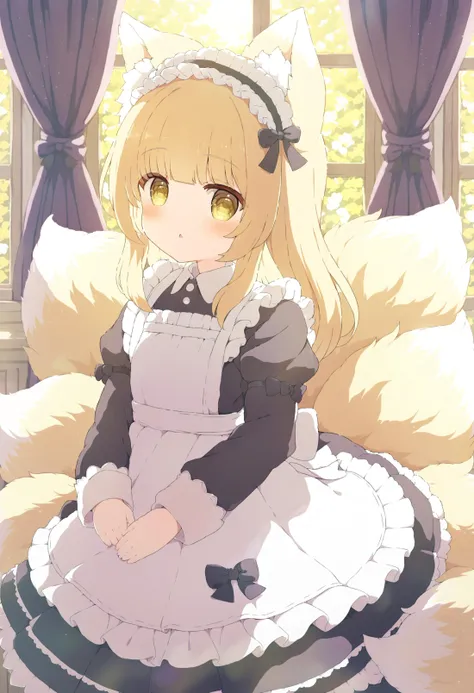 masterpiece, best quality,1girl, solo, fox tail, fox ears, blonde hair, tail, window, suzuran \(arknights\), fox girl, animal ears, long sleeves, frills, maid, multiple tails, dress, looking at viewer, yellow eyes, kitsune, alternate costume, enmaided, long hair, blush, apron, kyuubi, white apron, hairband, puffy sleeves, black dress, curtains, animal ear fluff, indoors, frilled apron, parted lips, bow, juliet sleeves, frilled hairband, maid headdress, maid apron  <lora:ã¡ãã¿ã¾ãXLlokr4f-000186:0.95>