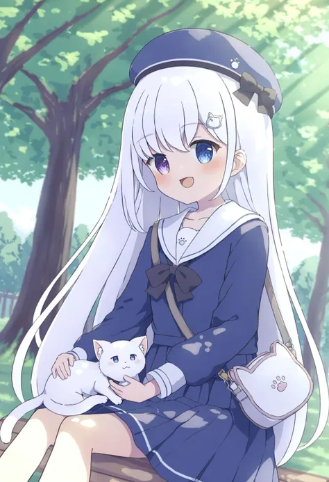 masterpiece, best quality,white cat, cat, 1girl, heterochromia, black bow, blue eyes, solo, tree, sitting, smile, bag, cat hair ornament, outdoors, long hair, hat, long sleeves, bow, sailor collar, very long hair, animal on lap, white sailor collar, looking at viewer, blush, hair ornament, blue headwear, on lap, sailor dress, animal, purple eyes, white hair, day, :d, open mouth, shoulder bag, beret, bench, dress, feet out of frame, petting, skirt, blue dress, school uniform, hairclip  <lora:ちょみますXLlokr4f-000186:0.95>