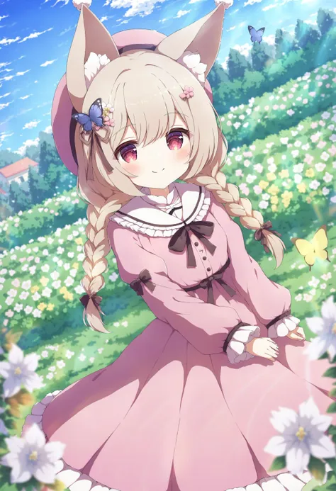 masterpiece, best quality,1girl, outdoors, twin braids, animal ears, braid, dress, solo, hat, butterfly, smile, bug, animal ear fluff, hair ornament, long hair, bow, dutch angle, red eyes, pink dress, sky, flower, long sleeves, looking at viewer, day, hair bow, blush, cloud, frills, pink headwear, closed mouth, tree  <lora:ã¡ãã¿ã¾ãXLlokr4f-000186:0.95>