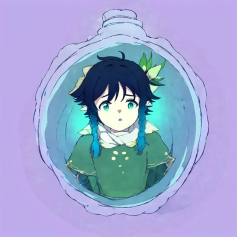 venti from genshin impact but in slightly more modenr clothing, stuck in a potion bottle with wind and leaves blowing in it as he looks outwards, stars in the background, there is a slightly darker overlay to the image