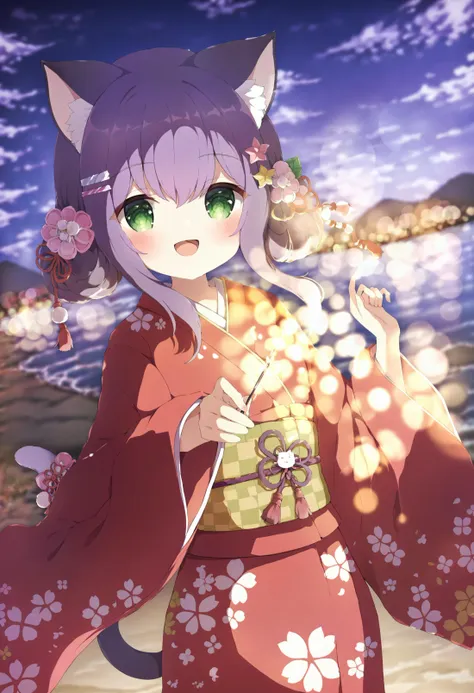 masterpiece, best quality,1girl, green eyes, japanese clothes, tail, animal ears, holding fireworks, kimono, cat ears, cat tail, solo, hair ornament, smile, cat girl, sparkler, looking at viewer, open mouth, outdoors, sash, wide sleeves, blush, purple hair, blurry, flower, obi, fireworks, pink kimono, beach, blurry background, night, long sleeves, sidelocks, ocean, hair flower, hairclip, animal ear fluff, sky, :d  <lora:ã¡ãã¿ã¾ãXLlokr4f-000186:0.95>