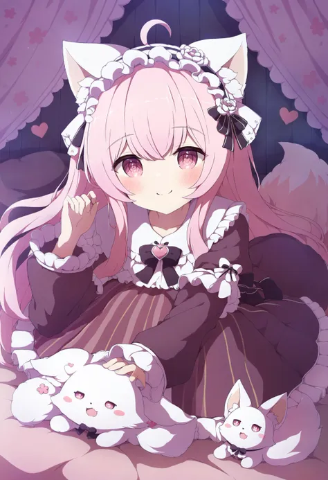 masterpiece, best quality,1girl, animal ears, tail, smile, virtual youtuber, pink hair, lying, looking at viewer, fox ears, on stomach, long hair, fox tail, ahoge, animal ear fluff, fox girl, pink eyes, blush, solo, pillow, frills, long sleeves, dress, heart, hairband  <lora:ã¡ãã¿ã¾ãXLlokr4f-000186:0.95>