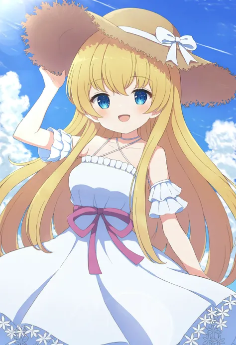 masterpiece, best quality,1girl, solo, hat, dress, blonde hair, blue eyes, sky, smile, cloud, long hair, blue sky, white dress, criss-cross halter, straw hat, day, outdoors, halterneck, looking at viewer, blush, :d, very long hair, bare shoulders, contrail, sleeveless dress, bow, sun hat, hand on headwear, sleeveless, hat bow, open mouth, arm up, detached sleeves, frills, hair between eyes, brown headwear, ribbon  <lora:ã¡ãã¿ã¾ãXLlokr4f-000186:0.95>